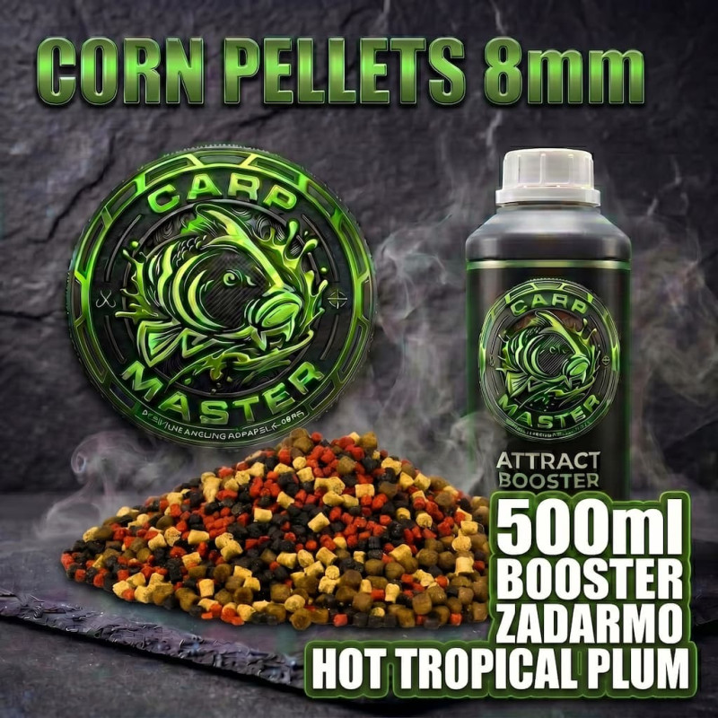 kukuricne-pelety-8mm-mix-500ml-booster-hot-tropical-plum-carpmaster